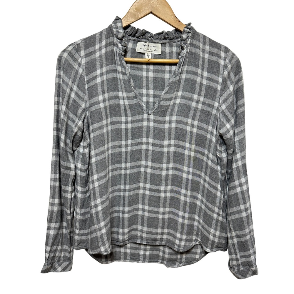 Anthropologie Cloth & Stone Plaid Flannel Blouse Womens XS Gray Ruffle Neck